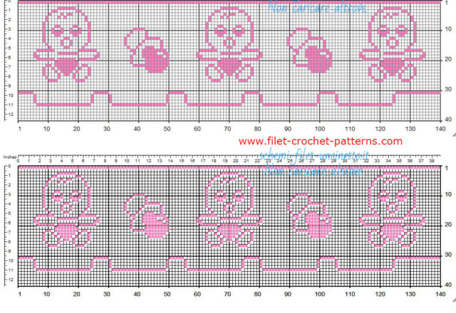 Baby border free filet crochet pink color with baby and pacifier free download 35 squares