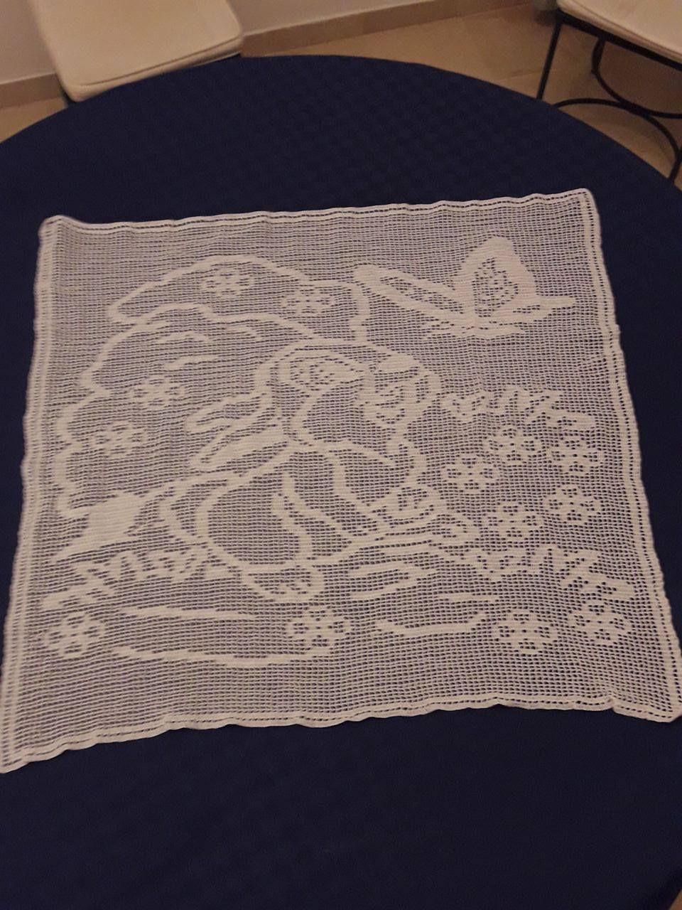 Crochet filet baby blanket with Thumper work photo by Facebook User Mario Gatti