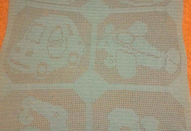 Crochet filet baby blanket with transport photo by Facebook Fan Dee Greusel