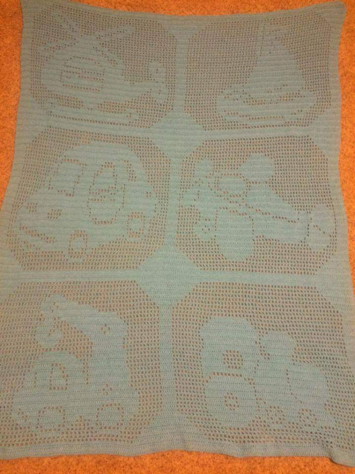 Crochet filet baby blanket with transport photo by Facebook Fan Dee Greusel