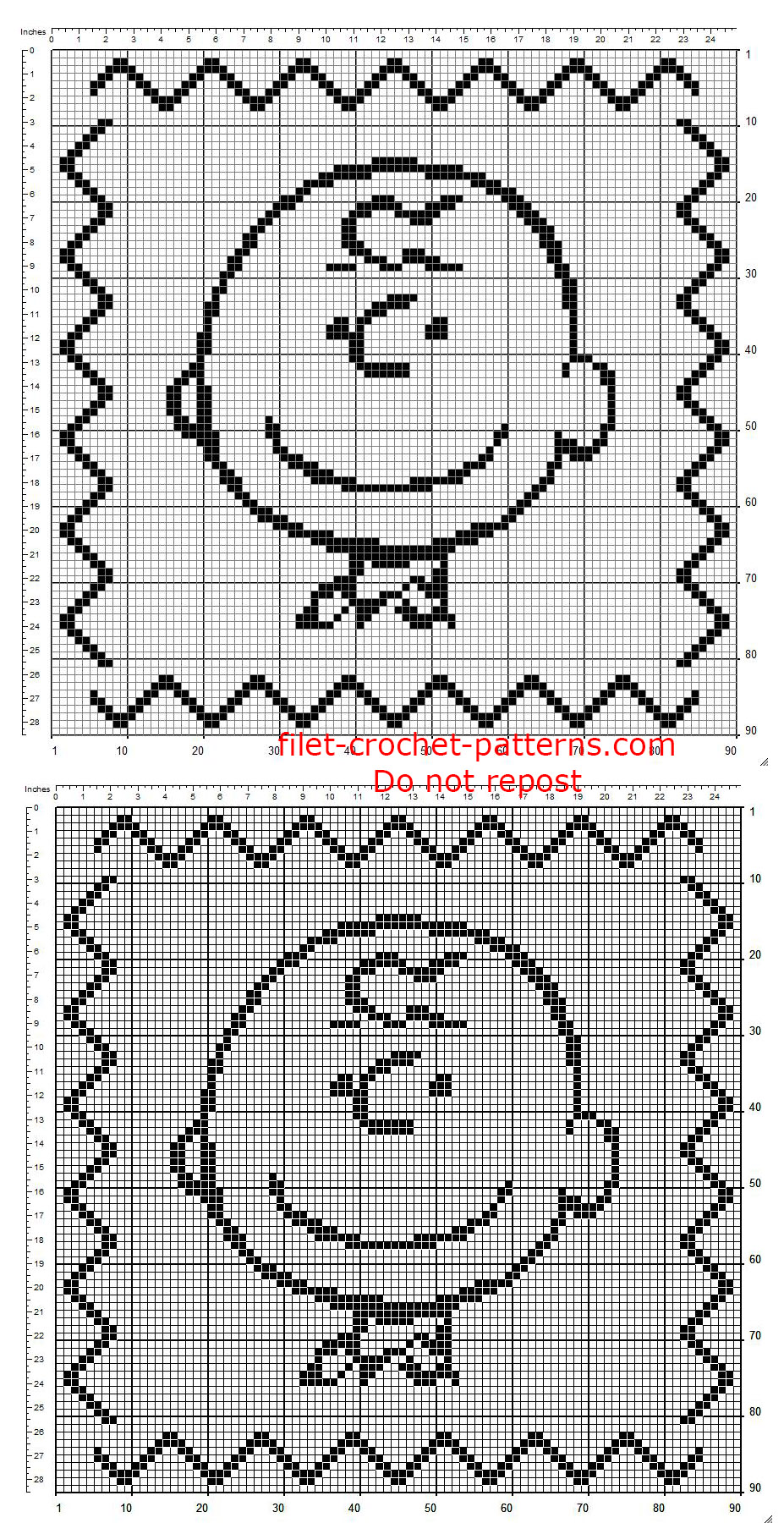 Crochet filet baby children pillow cushion with Charlie Brown 90 x 90 squares free pattern