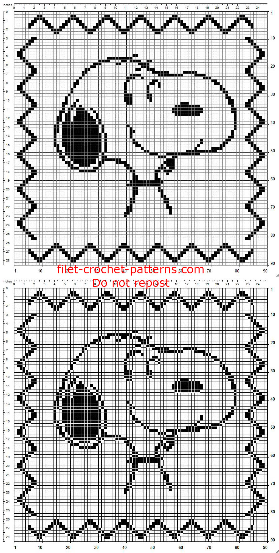 Crochet filet children pillow with Peanuts Snoopy pattern size 90 x 90 squares