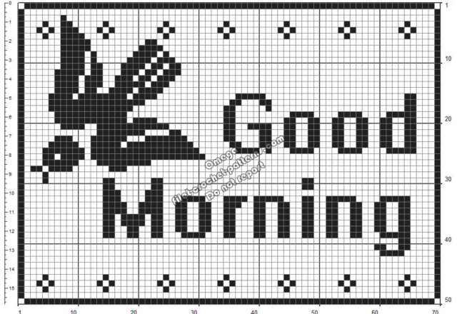 Crochet filet free pattern rectangular doily with Good Morning text 70x50