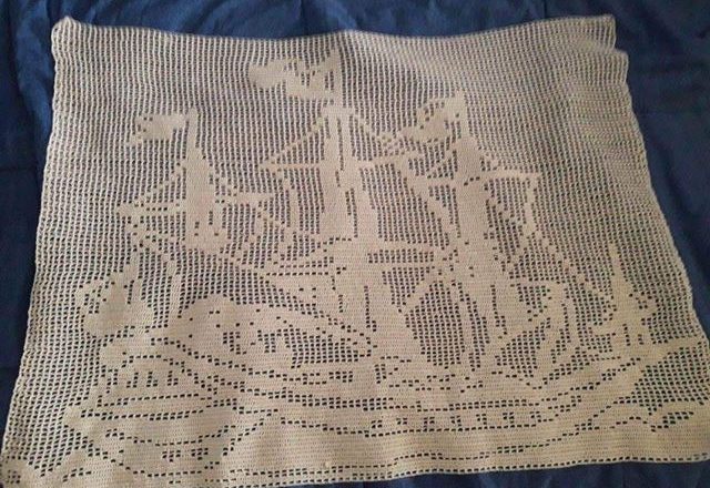 Crochet filet painting with tall ship work photo by Facebook Fan Mario Gatti