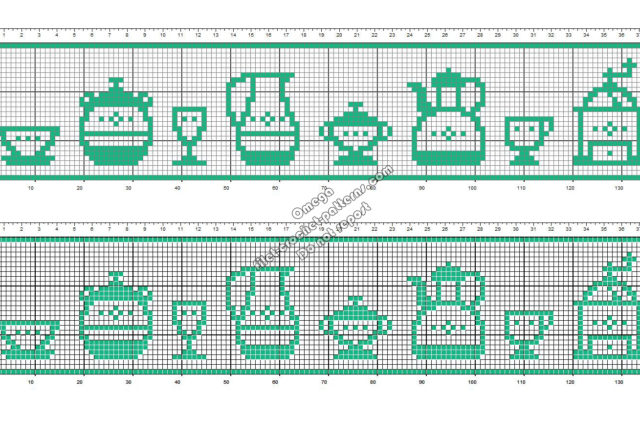 Crochet filet pattern design border for table cloths with porcelain objects height 28