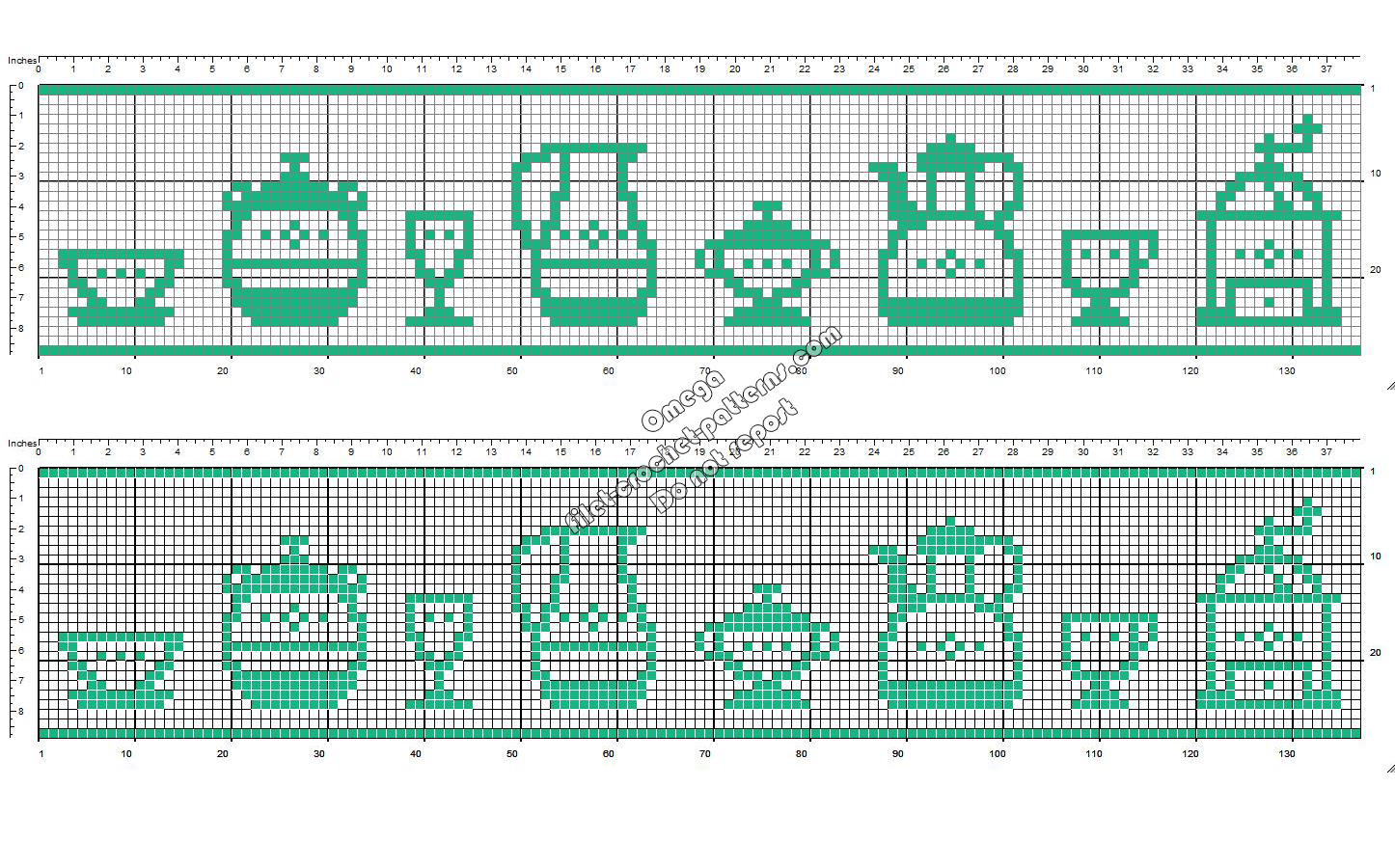 Crochet filet pattern design border for table cloths with porcelain objects height 28