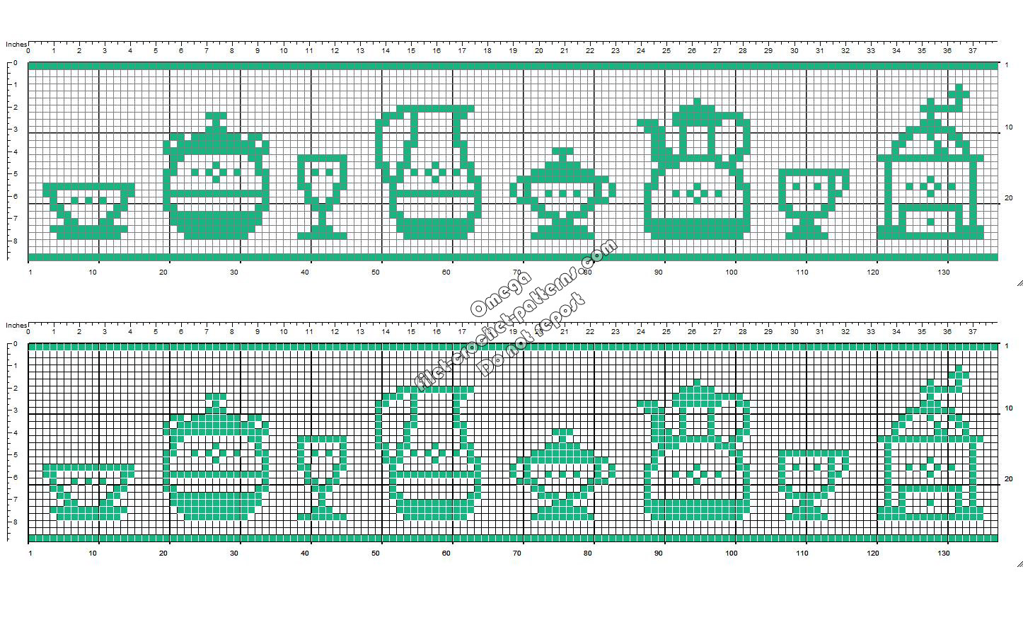 Crochet filet pattern design border for table cloths with porcelain objects height 28