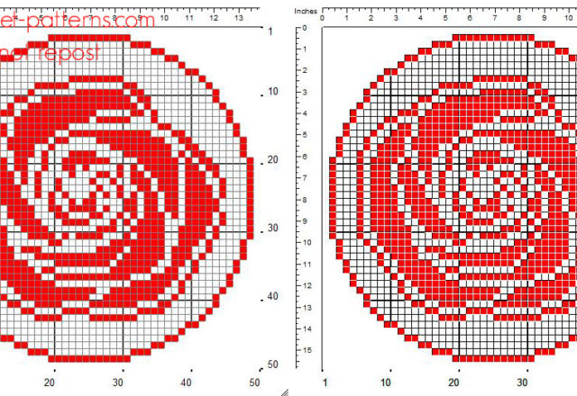 Crochet filet pattern round doily with red rose size 50 x 50 squares