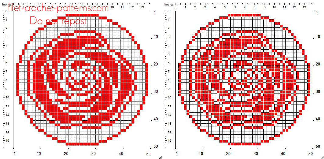 Crochet filet pattern round doily with red rose size 50 x 50 squares