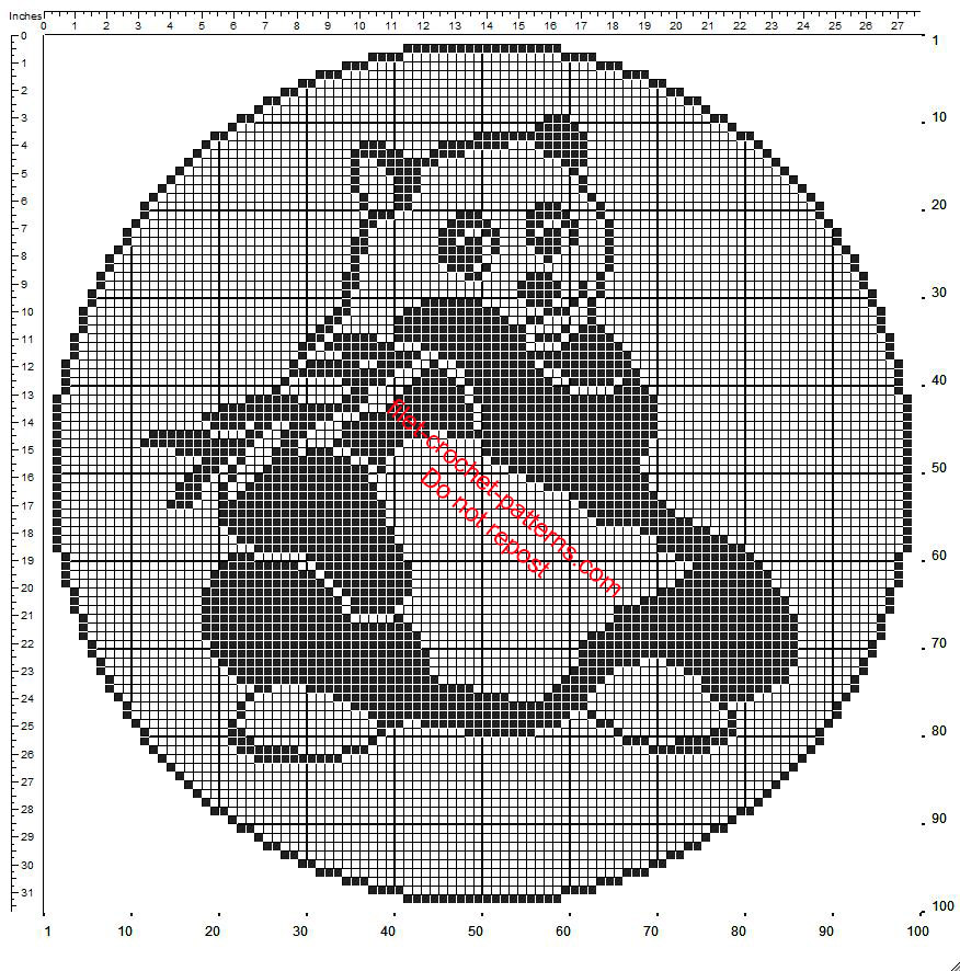 Crochet filet round doily with a panda 100 squares free pattern diagram