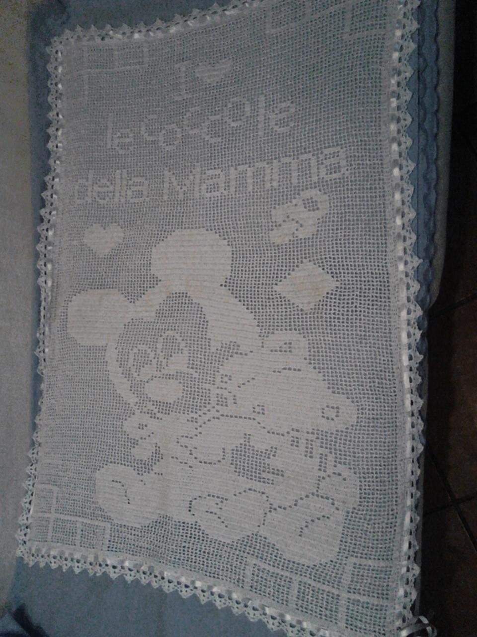 Crochet filet work photo baby blanket with Mickey and teddy bear Facebook Fan Silvana Balistreri