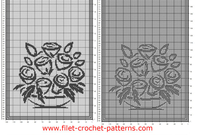 Curtains with vase of stylised roses free filet crochet pattern