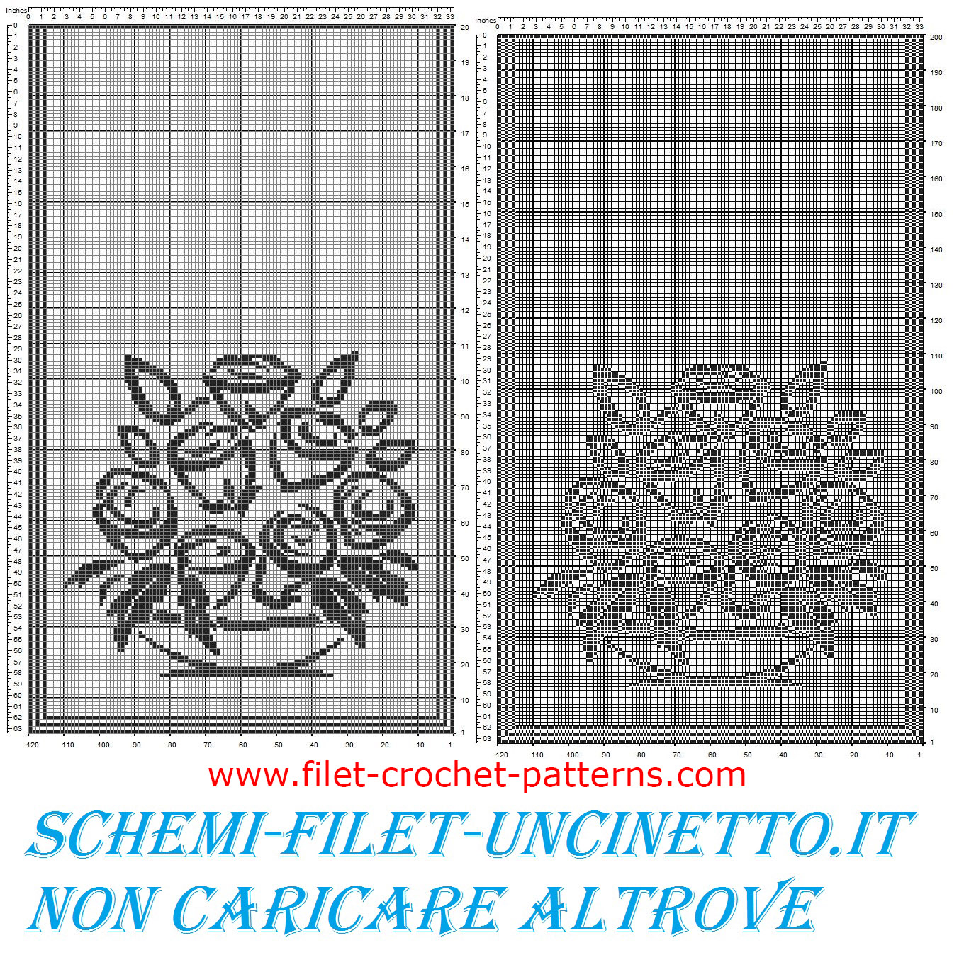 Curtains with vase of stylised roses free filet crochet pattern