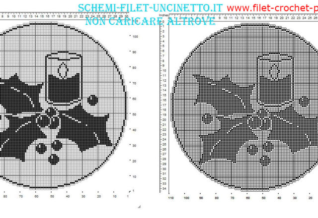 Filet crochet Christmas round doily with candle and holly