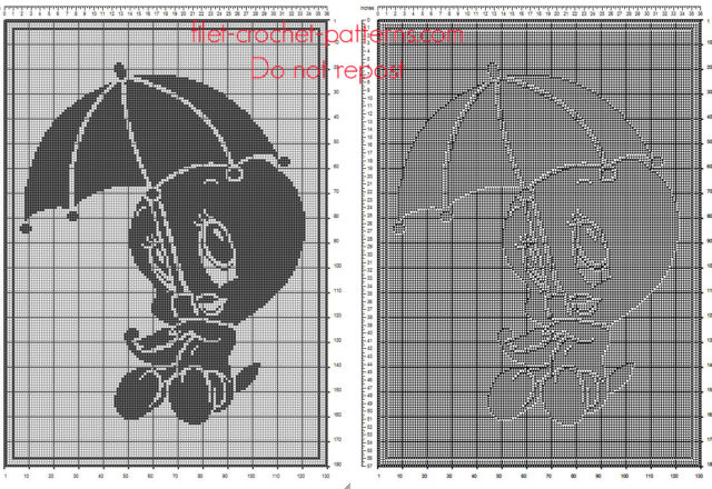 Filet crochet baby blanket with Looney Tunes Tweety with umbrella free pattern download