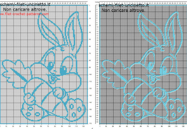 Filet crochet baby blanket with baby Bugs Bunny and a carrot free Looney Tunes pattern