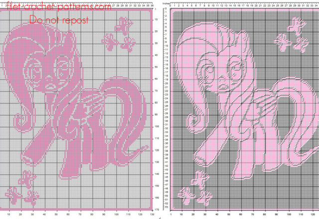 Filet crochet baby blanket with butterflies and Fluttershy My Little Pony free pattern download