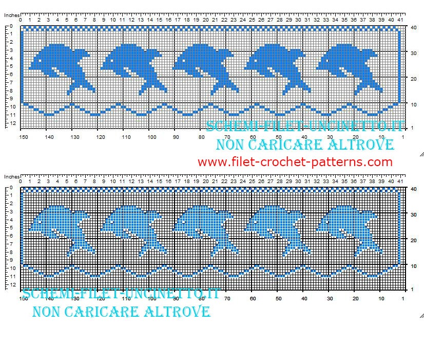 Filet crochet border pattern with small blue dolphins width 35 squares