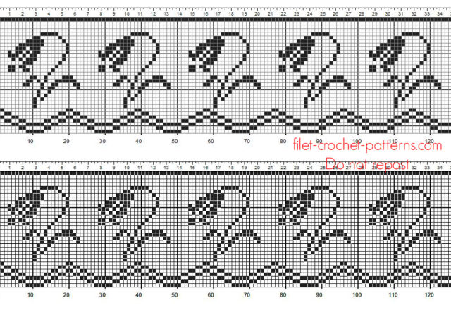 Filet crochet border with bellflowers height 32 squares free pattern download