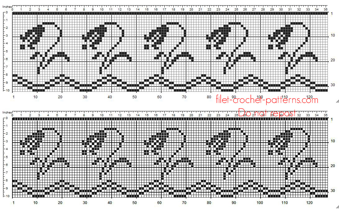 Filet crochet border with bellflowers height 32 squares free pattern download