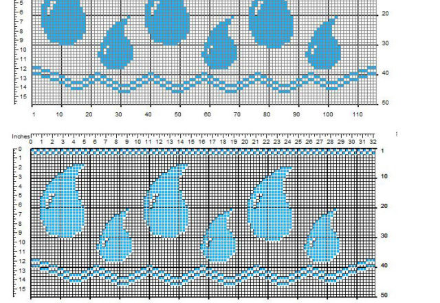 Filet crochet border with light blue water drops free pattern width 50 squares