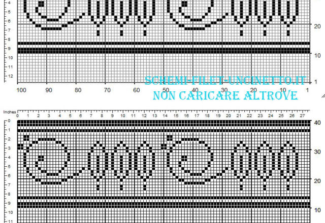 Filet crochet border with small leaves and round shapes width 30 squares