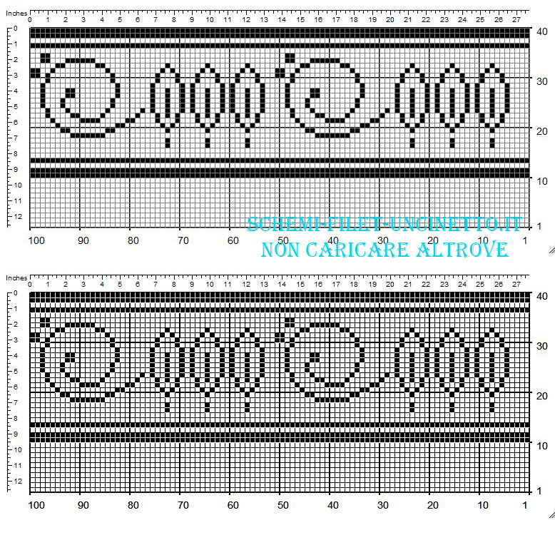 Filet crochet border with small leaves and round shapes width 30 squares