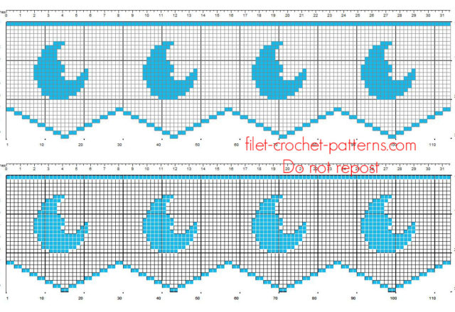 Filet crochet border with small moons night for children height 30 squares free pattern download