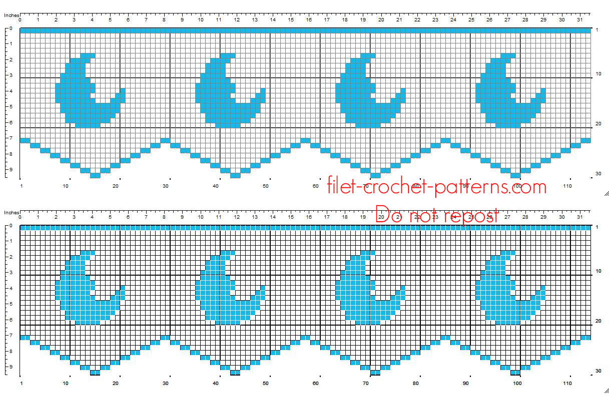 Filet crochet border with small moons night for children height 30 squares free pattern download