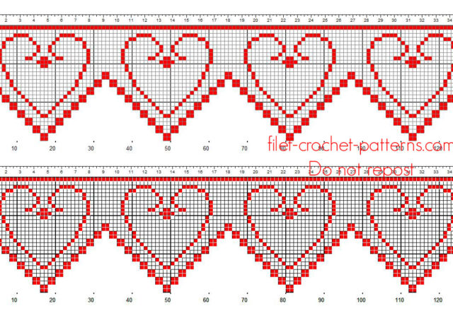 Filet crochet pattern border with small vintage hearts red color free download