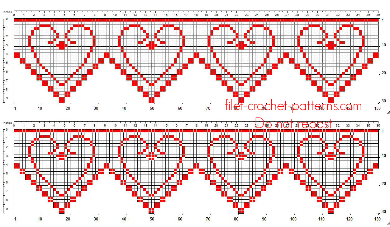 Filet crochet pattern border with small vintage hearts red color free download