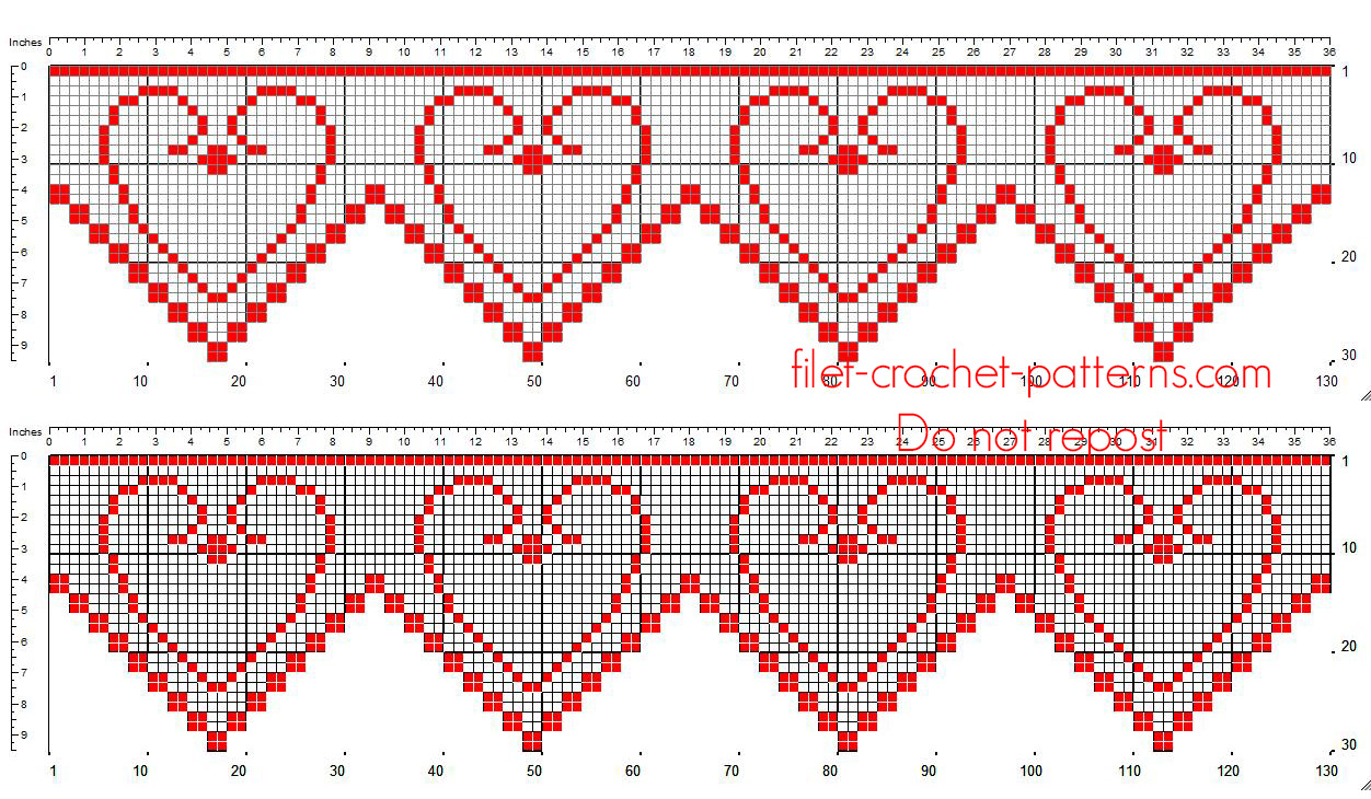 Filet crochet pattern border with small vintage hearts red color free download