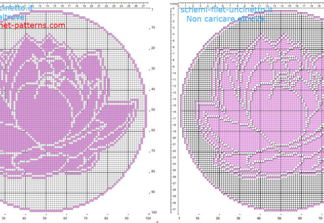 Filet crochet pattern round doily with Lotus flower diameter 100 squares