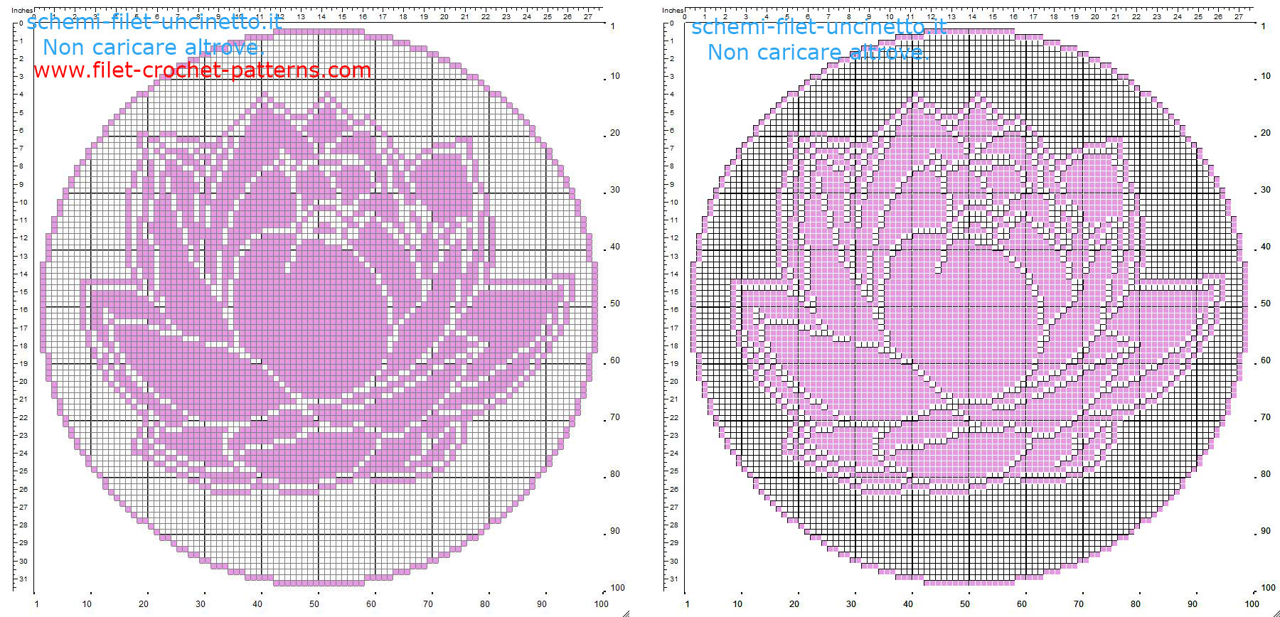 Filet crochet pattern round doily with Lotus flower diameter 100 squares