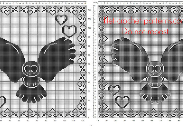 Filet crochet pattern square doily with owl and border with hearts 124 squares