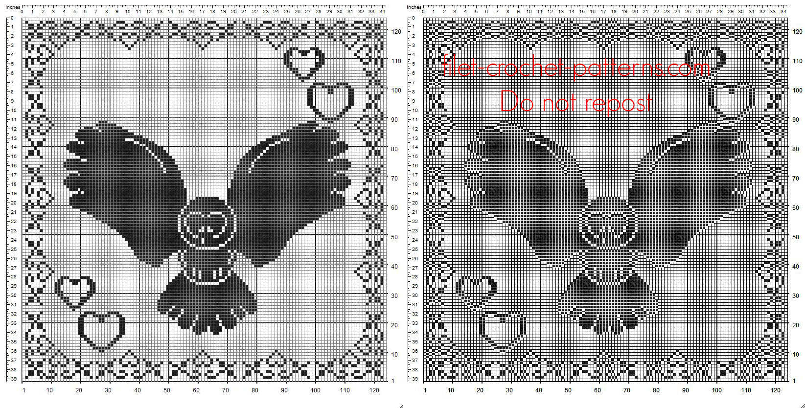 Filet crochet pattern square doily with owl and border with hearts 124 squares