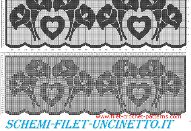 Filet crochet pattern with hearts and calla lily flowers