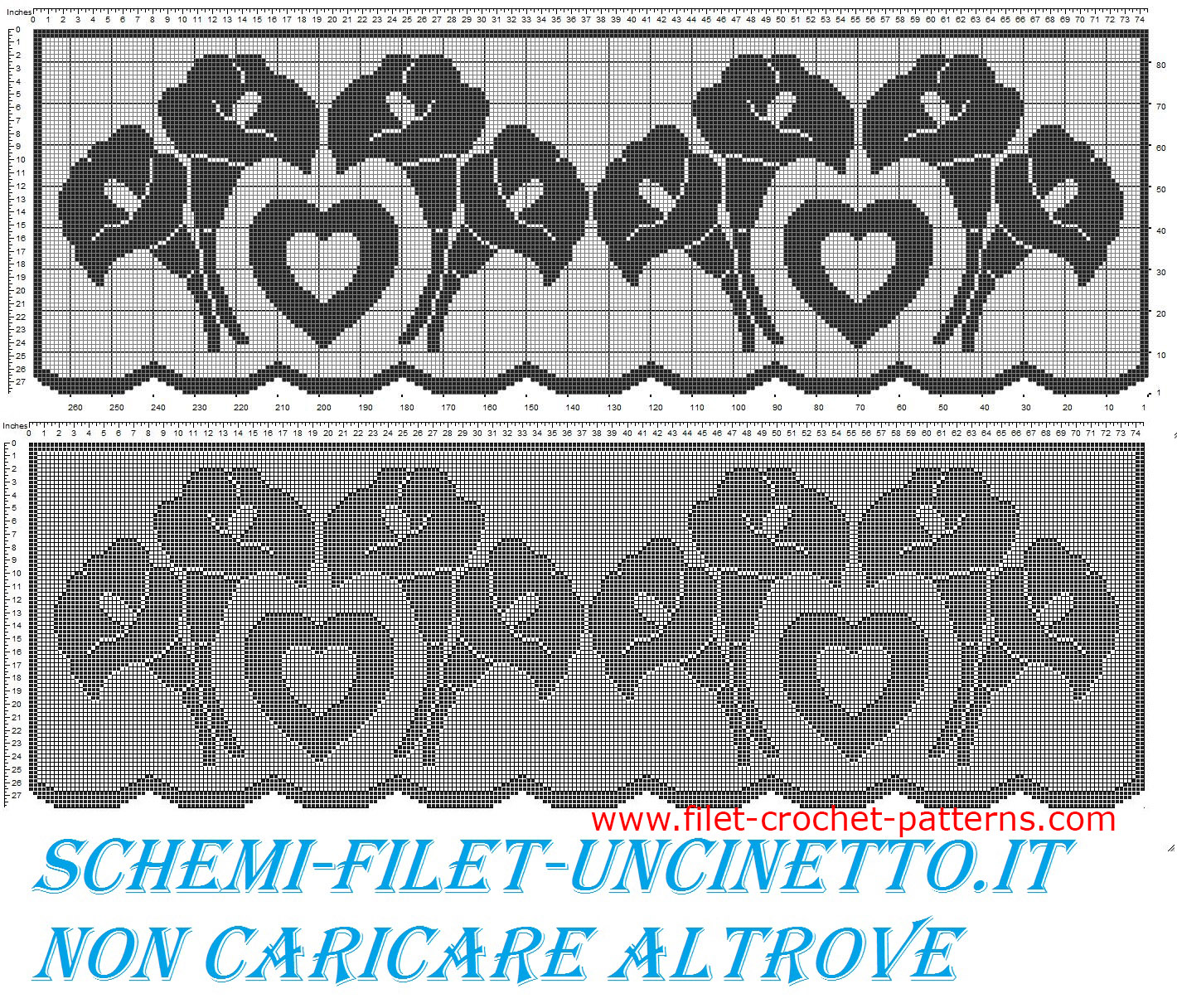 Filet crochet pattern with hearts and calla lily flowers