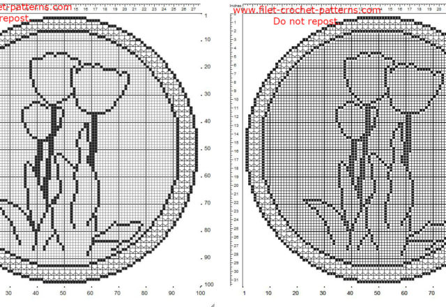 Filet crochet rounded doily with border and tulips flowers free pattern 100 squares