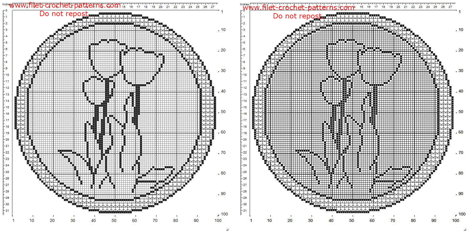 Filet crochet rounded doily with border and tulips flowers free pattern 100 squares