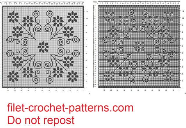 Filet crochet square doily with small flowers