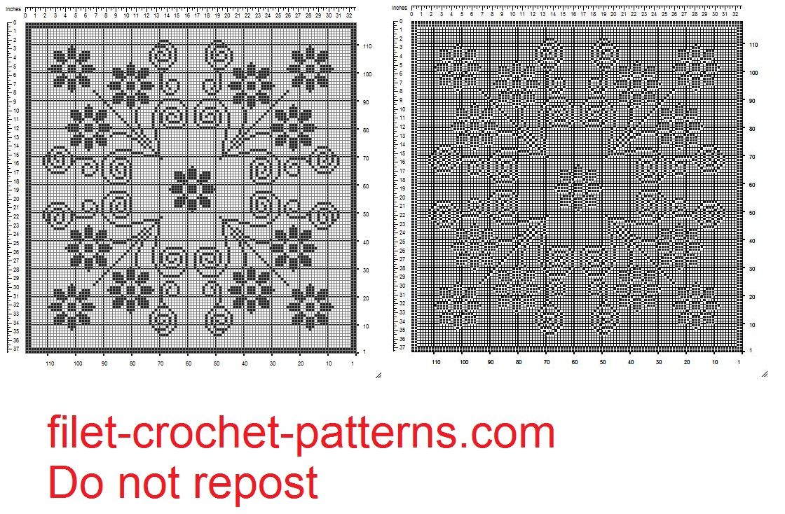 Filet crochet square doily with small flowers