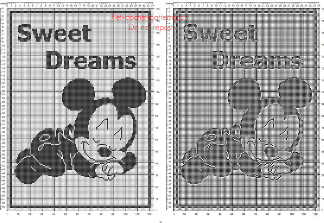 Free Disney filet crochet pattern baby blanket with baby Mickey Mouse sleeping