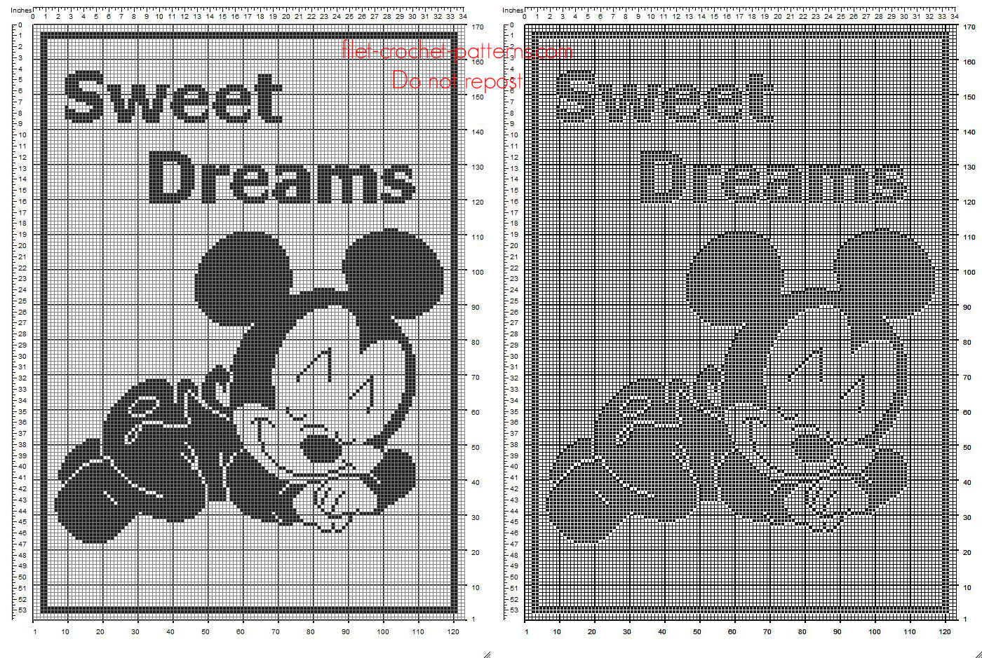 Free Disney filet crochet pattern baby blanket with baby Mickey Mouse sleeping