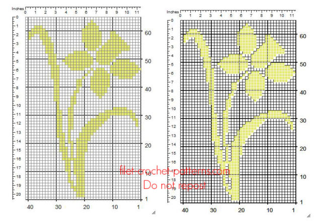 Free crochet filet insert pattern yellow Daffodil flower 39 x 63 squares