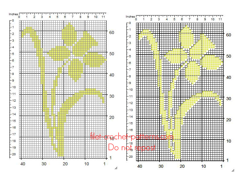 Free crochet filet insert pattern yellow Daffodil flower 39 x 63 squares