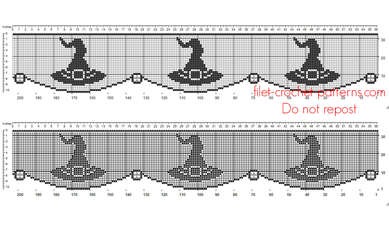 Free crochet filet pattern Halloween border with witch hat