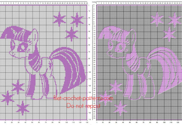 Free crochet filet pattern baby blanket with Twilight Sparkle from My Little Pony