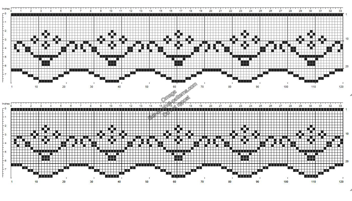 Free crochet filet pattern border with pots of flowers height 25 squares