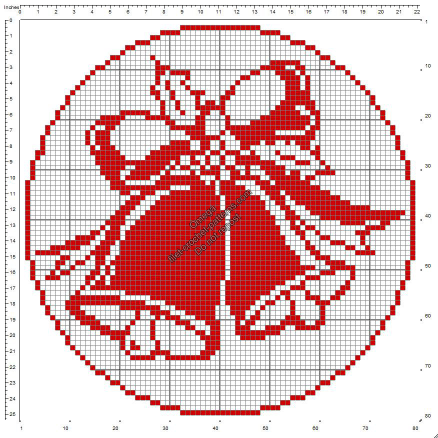 Free crochet filet pattern round doily with Christmas bells diameter 78